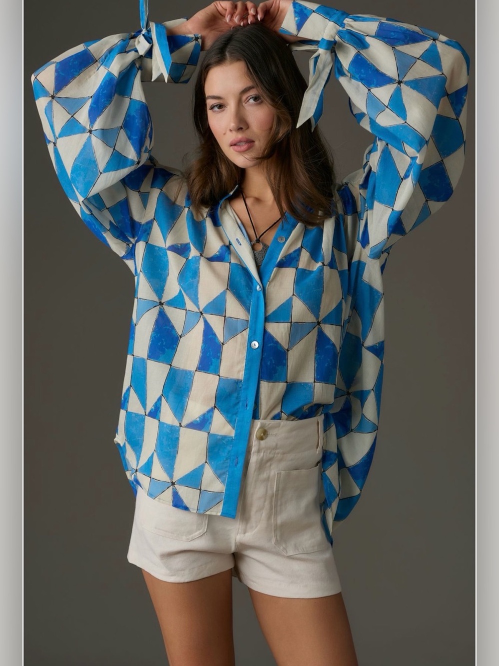 Tracy Reese Blue and Cream Geometric Tie-Sleeve Top from Anthropologie - Picture 3 of 4
